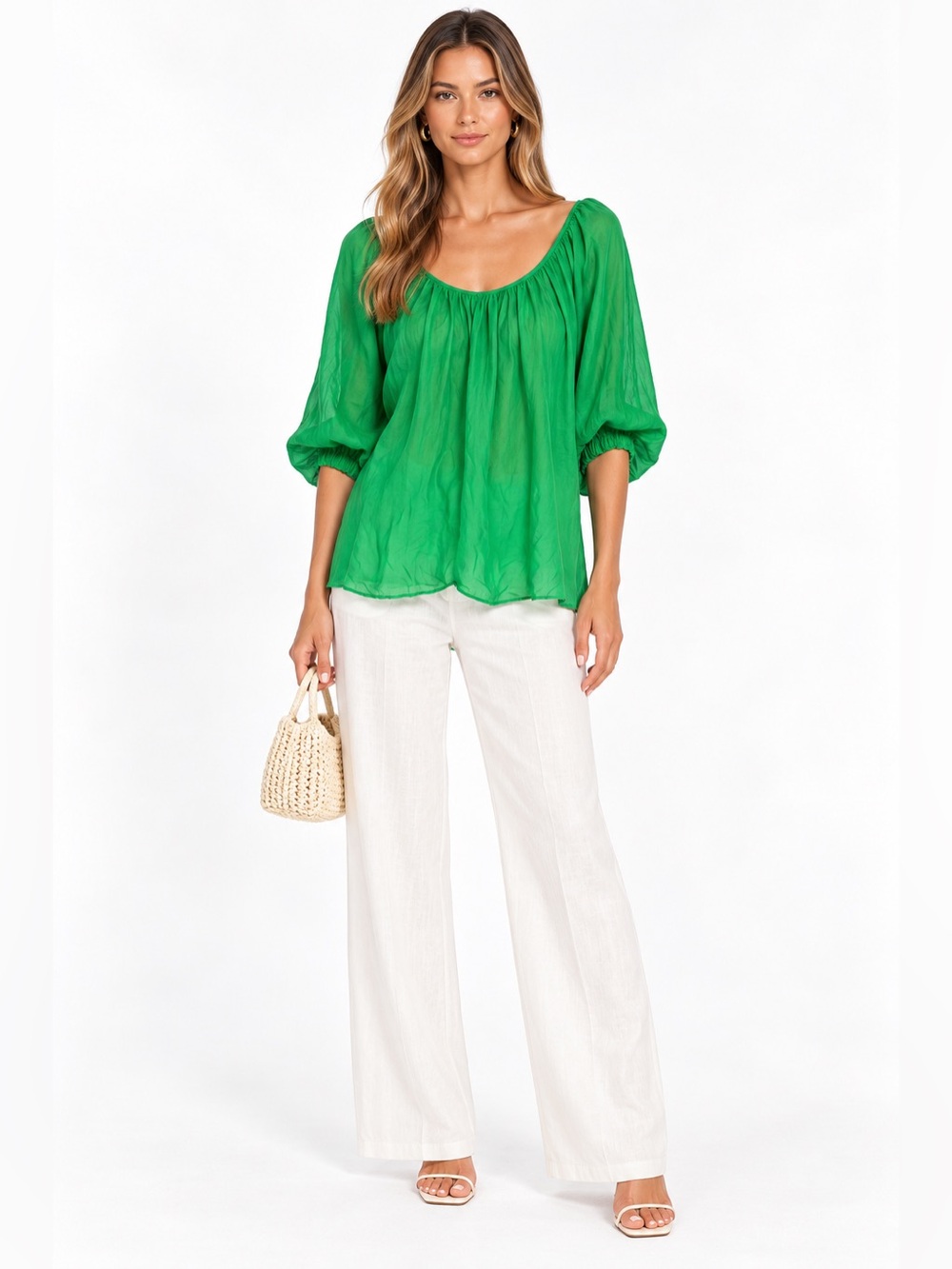 Love Girls Market Silk Oversized green Blouse Balloon Sleeve Top